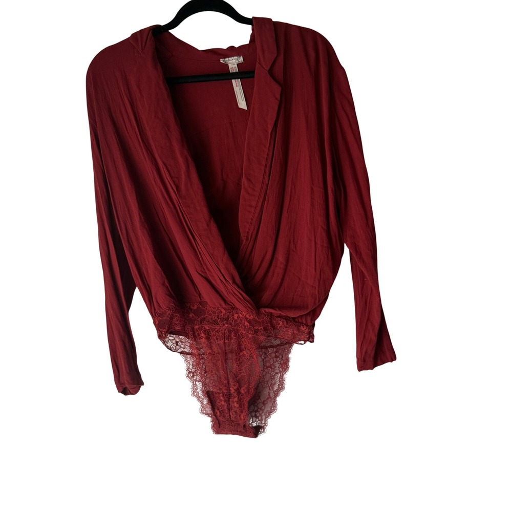 Intimately‎ Free People Red Lace Plunging Neckline Bodysuit XS Festival Boho